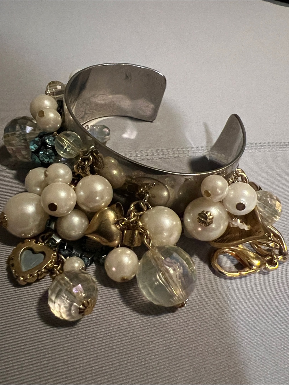 Betsey Johnson Sliver & Gold-Tone Pearl and Aqua Crystal Multi-Strand Bracelet